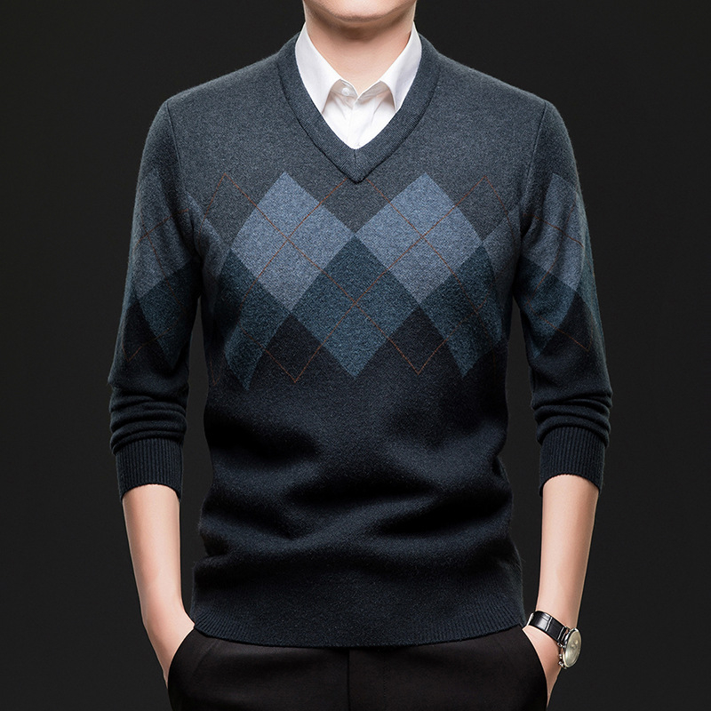Vīriešu biezs adīts džemperis ar V kaklu, krāsu bloku dizains, garās piedurknes, ziema 2025