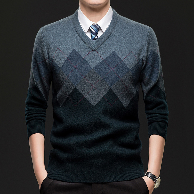 Vīriešu biezs adīts džemperis ar V kaklu, krāsu bloku dizains, garās piedurknes, ziema 2025