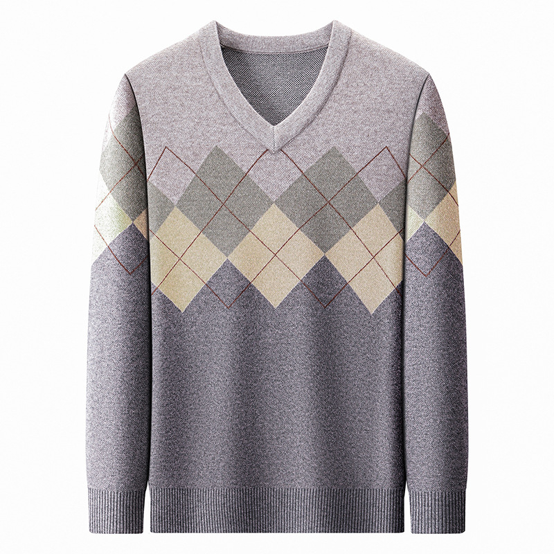 Vīriešu biezs adīts džemperis ar V kaklu, krāsu bloku dizains, garās piedurknes, ziema 2025