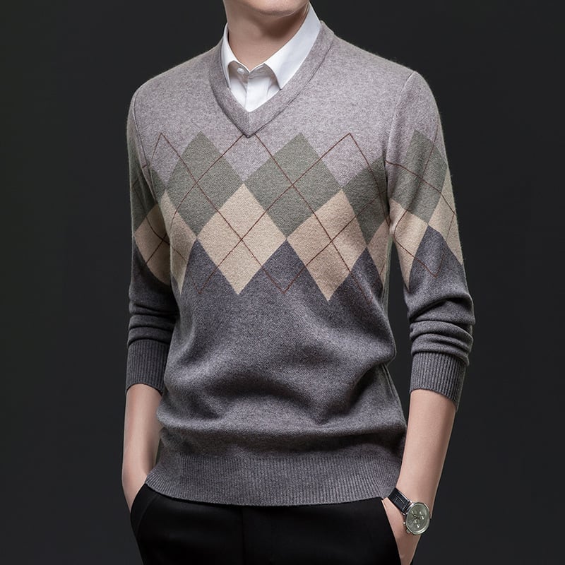 Meeste paksu kudumiga V-kaelusega džemprit, värviliste plokkide disain, pikkade varrukatega, talv 2025