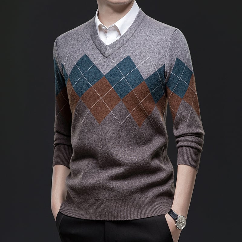 Meeste paksu kudumiga V-kaelusega džemprit, värviliste plokkide disain, pikkade varrukatega, talv 2025