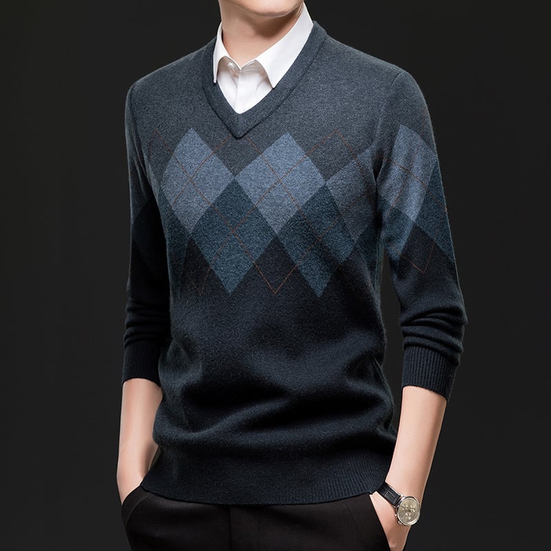 Meeste paksu kudumiga V-kaelusega džemprit, värviliste plokkide disain, pikkade varrukatega, talv 2025