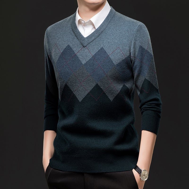 Meeste paksu kudumiga V-kaelusega džemprit, värviliste plokkide disain, pikkade varrukatega, talv 2025