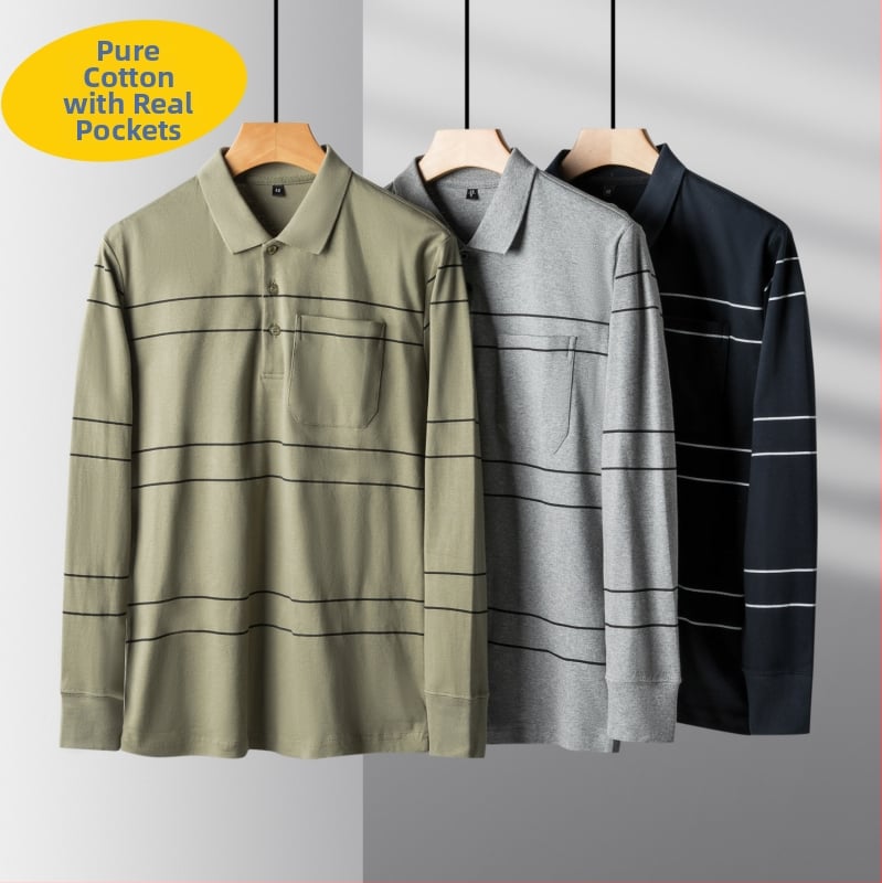 Памучна поло риза с дълги ръкави, яка, райета, свободна кройка