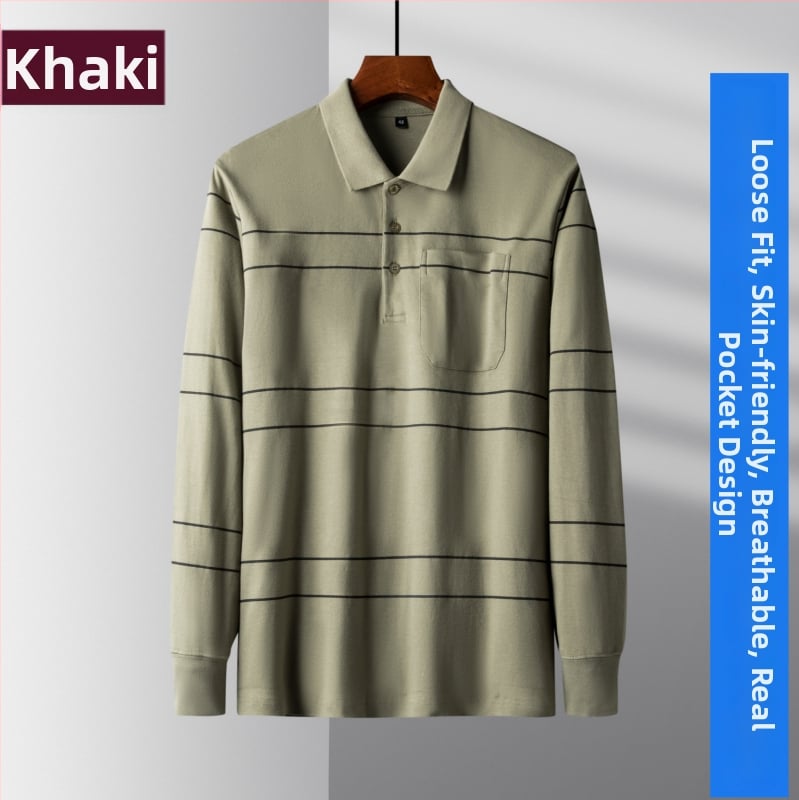 Medvilniniai polo marškiniai su ilgomis rankovėmis, apykakle, dryžuoti, laisvas kirpimas