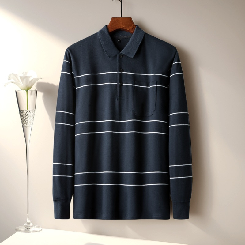 Μακρυμάνικη βαμβακερή πόλο μπλούζα με γιακά, ριγέ, άνετη γραμμή