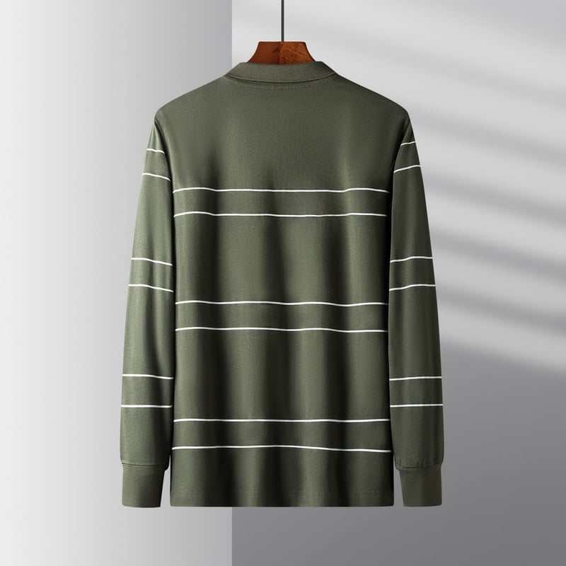 Medvilniniai polo marškiniai su ilgomis rankovėmis, apykakle, dryžuoti, laisvas kirpimas