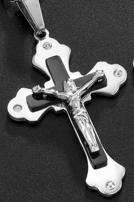 Колие от неръждаема стомана Limon – геометричен дизайн, кръст с диаманти, електроплатирано