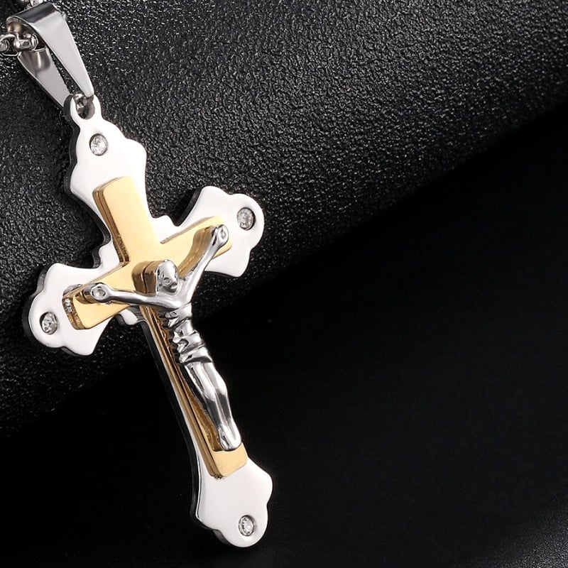 Колие от неръждаема стомана Limon – геометричен дизайн, кръст с диаманти, електроплатирано