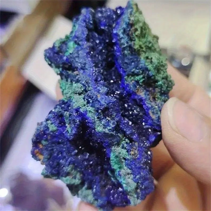 Azurite-Malahite sümbioosi kristall-mineraaliproov geoloogilisele õpetusele ja väljapanekuks, premium mineraalnäidised, toormiskristall