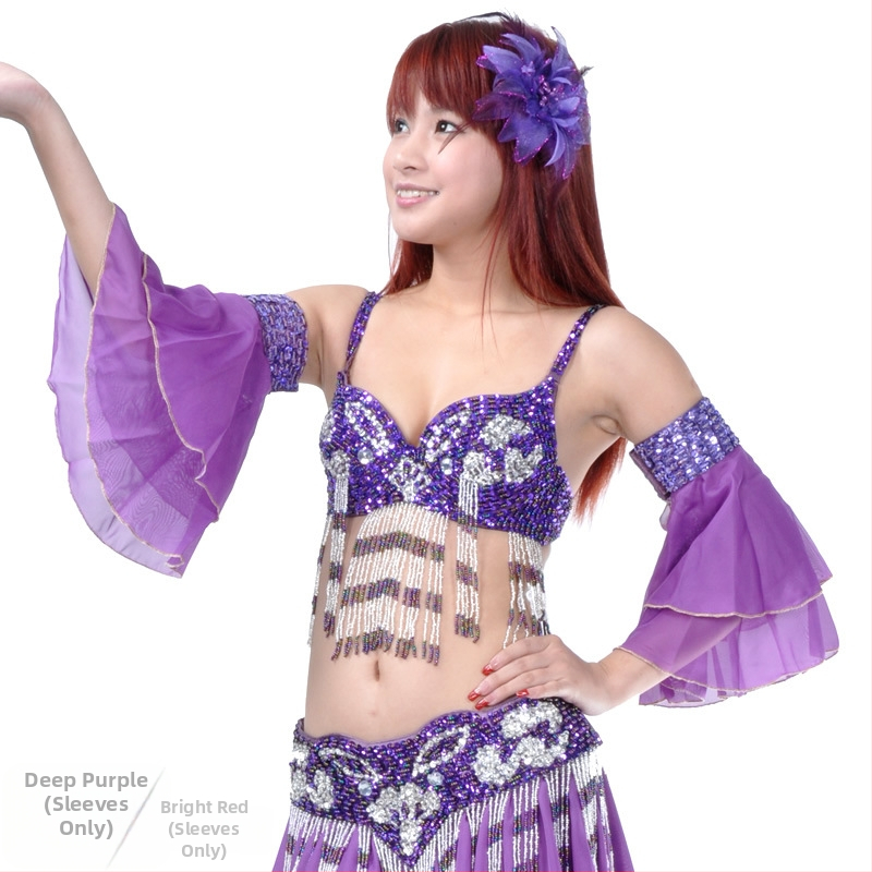 Kahekihi varrukad kõhu tantsukostüümile helmeste tikandiga – šifoon polüester, kaasaegne tantsukostüüm