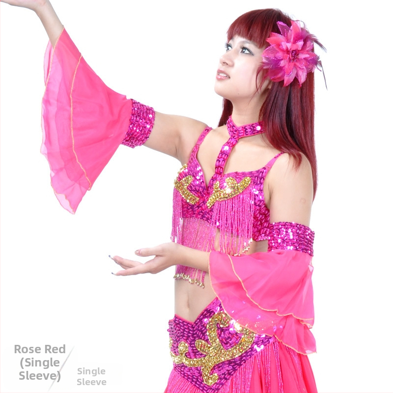 Kahekihi varrukad kõhu tantsukostüümile helmeste tikandiga – šifoon polüester, kaasaegne tantsukostüüm