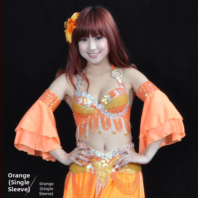 Kahekihi varrukad kõhu tantsukostüümile helmeste tikandiga – šifoon polüester, kaasaegne tantsukostüüm