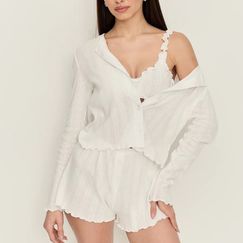 Kolmeosaline puuvillane džakard-pijama komplekt, pikkade varrukatega kardigan, top ja lühikesed püksid