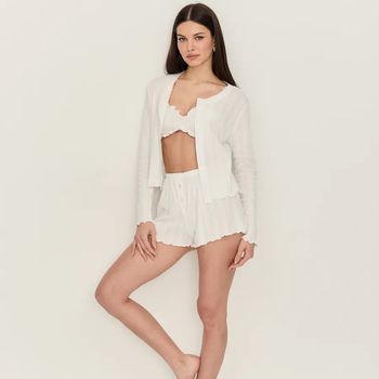 Kolmeosaline puuvillane džakard-pijama komplekt, pikkade varrukatega kardigan, top ja lühikesed püksid