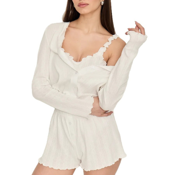 Kolmeosaline puuvillane džakard-pijama komplekt, pikkade varrukatega kardigan, top ja lühikesed püksid