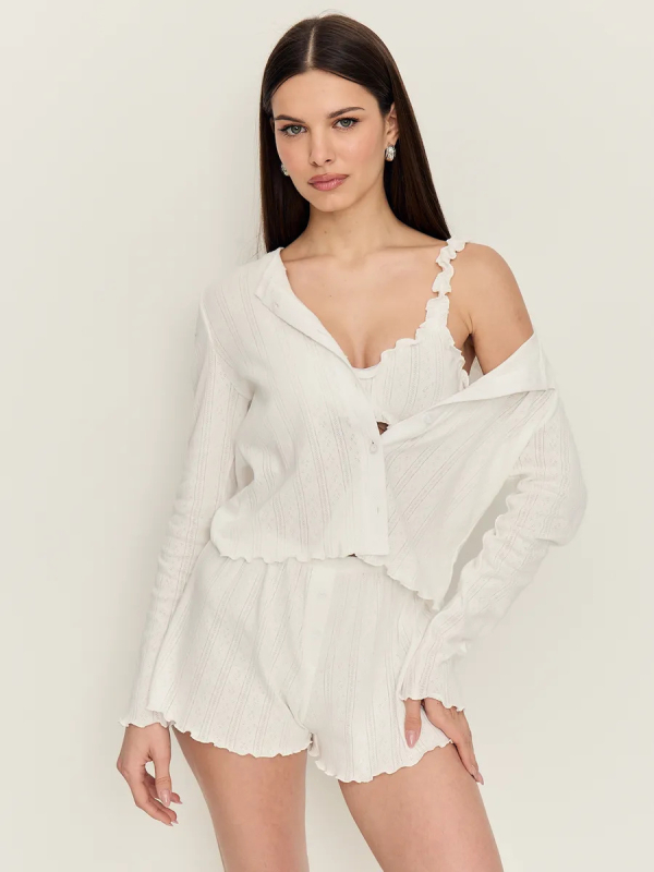 Kolmeosaline puuvillane džakard-pijama komplekt, pikkade varrukatega kardigan, top ja lühikesed püksid