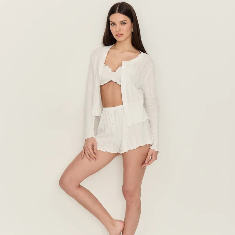 Kolmeosaline puuvillane džakard-pijama komplekt, pikkade varrukatega kardigan, top ja lühikesed püksid