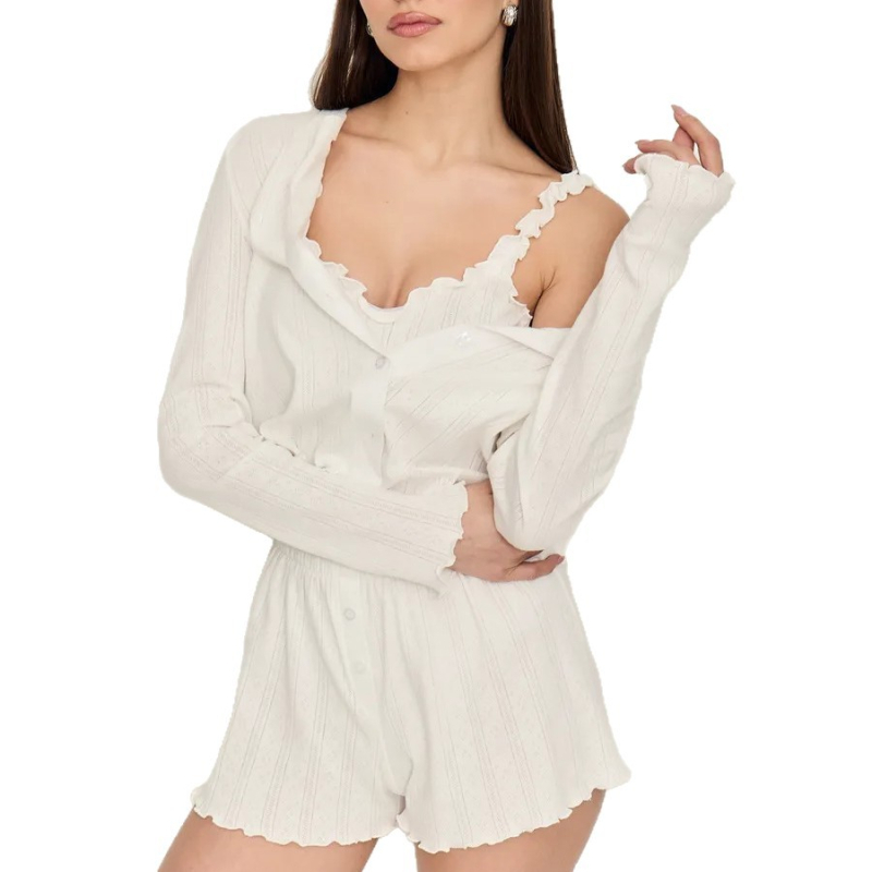 Kolmeosaline puuvillane džakard-pijama komplekt, pikkade varrukatega kardigan, top ja lühikesed püksid