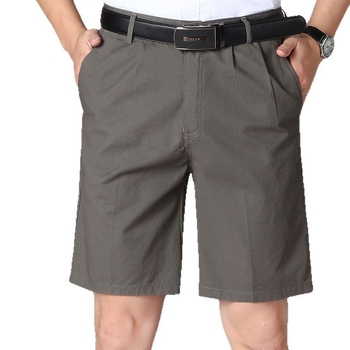 Мъжки памучни летни панталони-шорти, свободна кройка, двойни плисирани, полудълги, прав силует, минималистичен стил