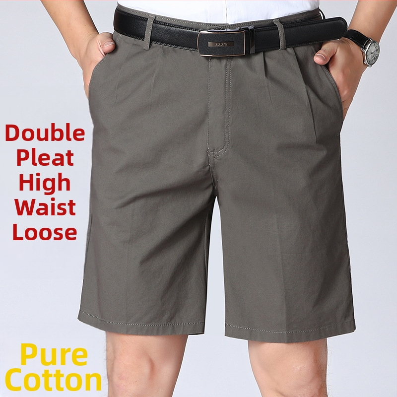 Meeste suve puuvillased lühikesed püksid, vaba lõige, kahekordsed pliisid, poolpikkus, sirge lõige, minimalistlik stiil