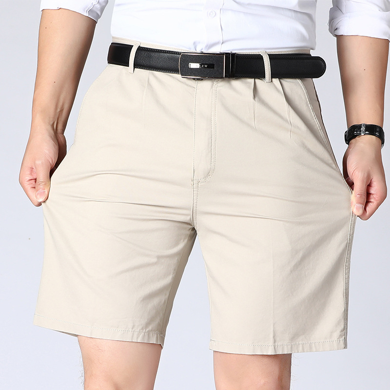 Мъжки памучни летни панталони-шорти, свободна кройка, двойни плисирани, полудълги, прав силует, минималистичен стил
