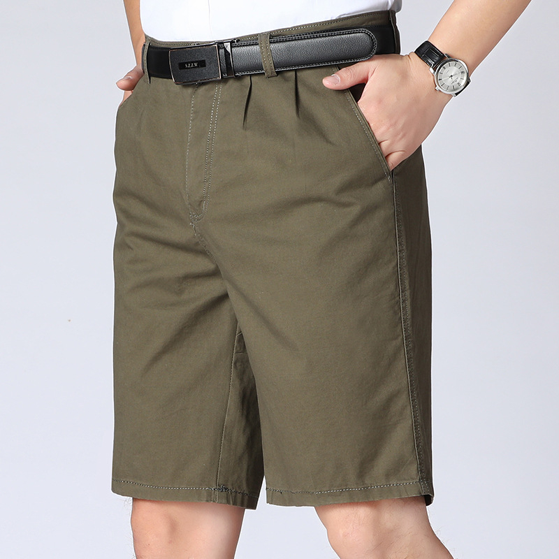 Мъжки памучни летни панталони-шорти, свободна кройка, двойни плисирани, полудълги, прав силует, минималистичен стил