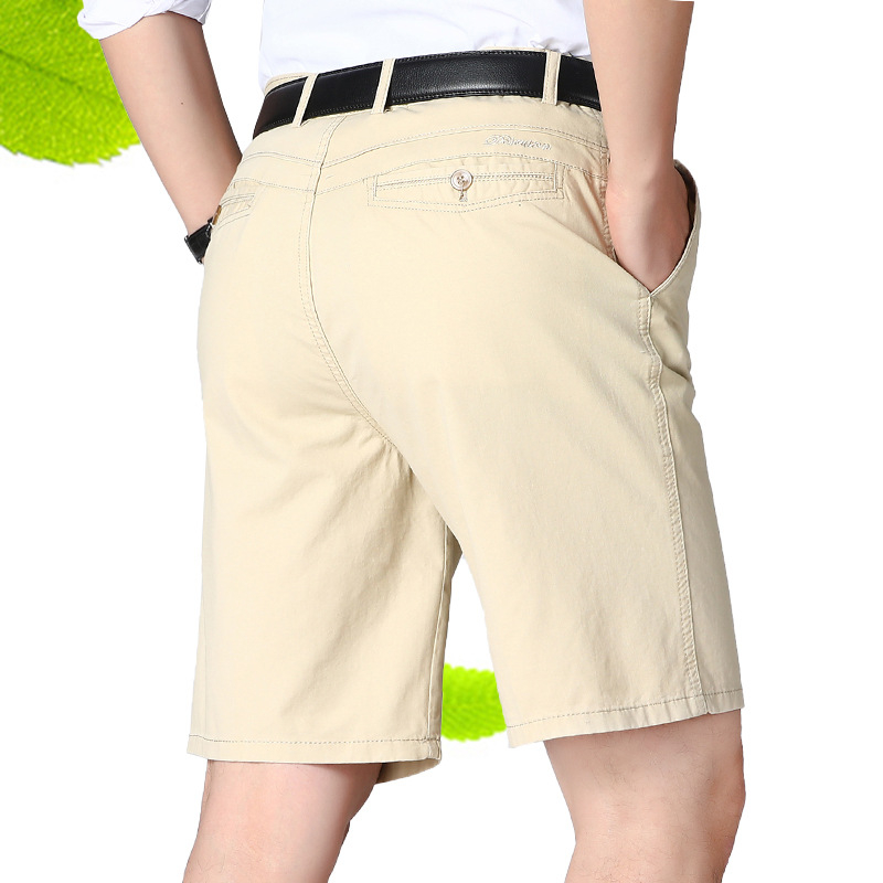 Мъжки памучни летни панталони-шорти, свободна кройка, двойни плисирани, полудълги, прав силует, минималистичен стил