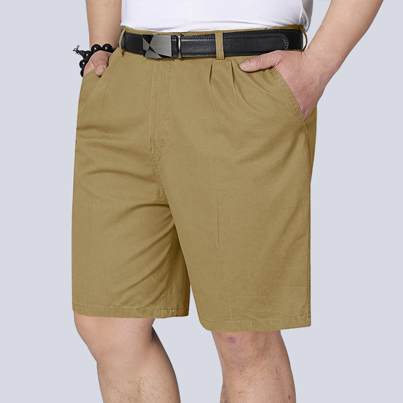 Мъжки памучни летни панталони-шорти, свободна кройка, двойни плисирани, полудълги, прав силует, минималистичен стил