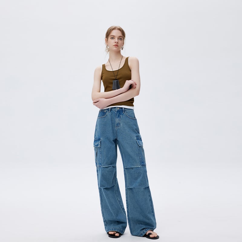 Дамски дънки от деним, широки крачоли, средно висока талия, 90–95% памук, пролет 2025