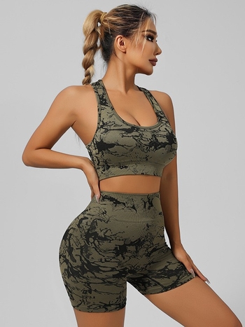 Комплект за йога облекло без ръкави: безшевен тай дай принт, лека бързосъхнеща материя, с подплънки за бюст, топ без ръкав и къси панталони, зимен модел 2024