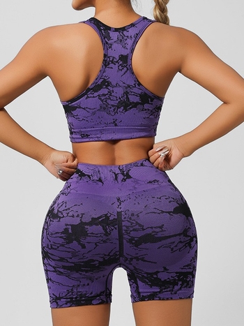 Комплект за йога облекло без ръкави: безшевен тай дай принт, лека бързосъхнеща материя, с подплънки за бюст, топ без ръкав и къси панталони, зимен модел 2024