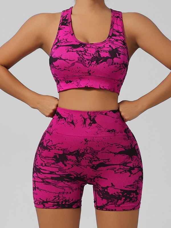 Комплект за йога облекло без ръкави: безшевен тай дай принт, лека бързосъхнеща материя, с подплънки за бюст, топ без ръкав и къси панталони, зимен модел 2024