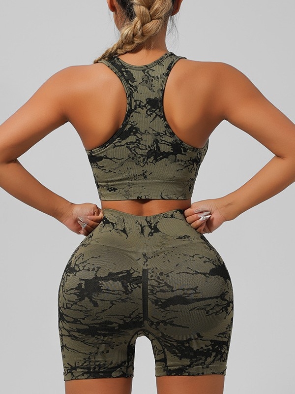 Комплект за йога облекло без ръкави: безшевен тай дай принт, лека бързосъхнеща материя, с подплънки за бюст, топ без ръкав и къси панталони, зимен модел 2024