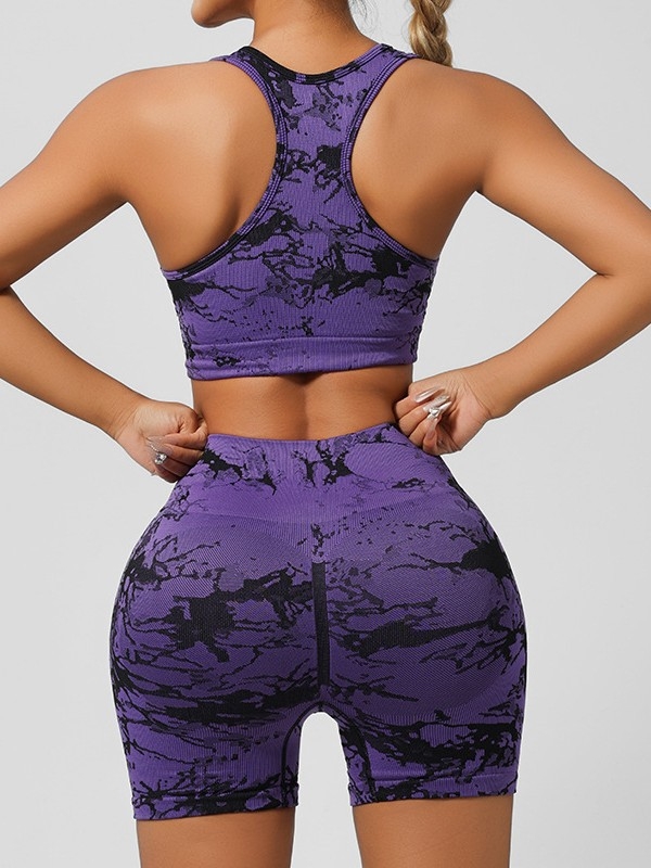 Комплект за йога облекло без ръкави: безшевен тай дай принт, лека бързосъхнеща материя, с подплънки за бюст, топ без ръкав и къси панталони, зимен модел 2024