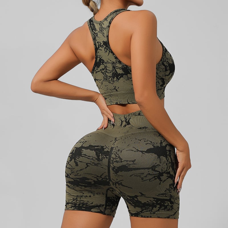 Комплект за йога облекло без ръкави: безшевен тай дай принт, лека бързосъхнеща материя, с подплънки за бюст, топ без ръкав и къси панталони, зимен модел 2024