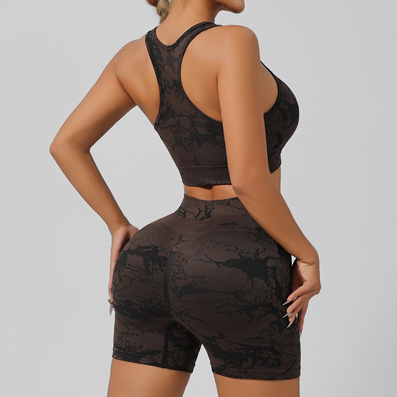 Комплект за йога облекло без ръкави: безшевен тай дай принт, лека бързосъхнеща материя, с подплънки за бюст, топ без ръкав и къси панталони, зимен модел 2024