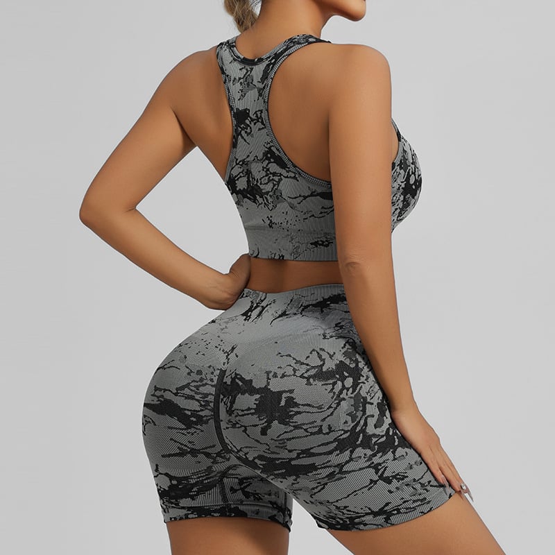Комплект за йога облекло без ръкави: безшевен тай дай принт, лека бързосъхнеща материя, с подплънки за бюст, топ без ръкав и къси панталони, зимен модел 2024