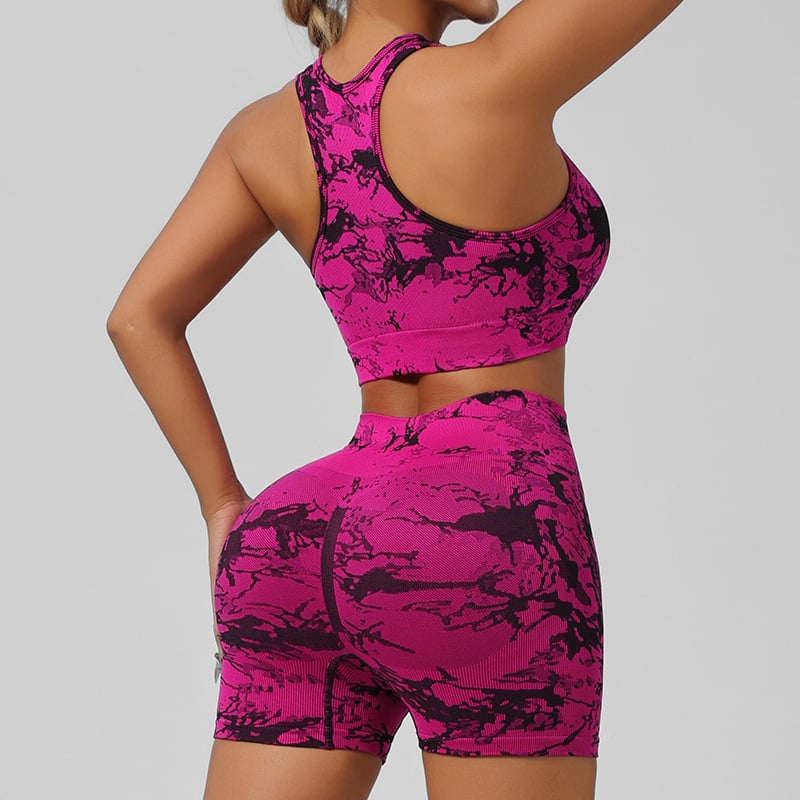 Комплект за йога облекло без ръкави: безшевен тай дай принт, лека бързосъхнеща материя, с подплънки за бюст, топ без ръкав и къси панталони, зимен модел 2024