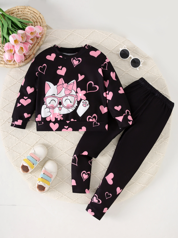 Kaheosaline laste komplekt: pikkade varrukatega jakk ja püksid, loomade ja südame motiiviga trükk, polüester, suvi, 3–8 aastat