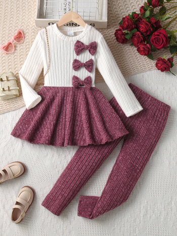 Tüdrukutele kaks-osaline püksikomplekt pikkade varrukatega topi ja pükstega, ühtne muster, puuvill-poliesteri segu, pehme viimistlus