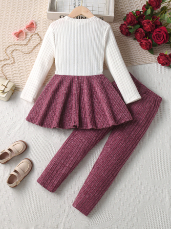 Tüdrukutele kaks-osaline püksikomplekt pikkade varrukatega topi ja pükstega, ühtne muster, puuvill-poliesteri segu, pehme viimistlus