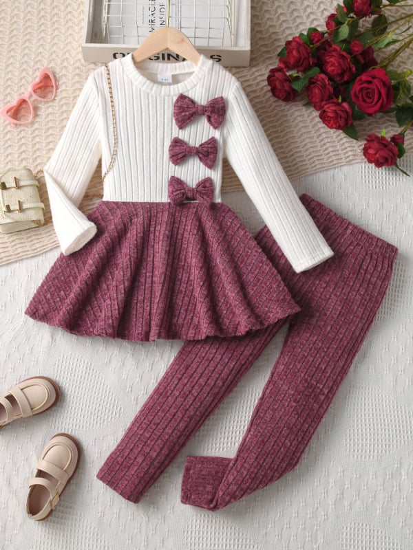 Tüdrukutele kaks-osaline püksikomplekt pikkade varrukatega topi ja pükstega, ühtne muster, puuvill-poliesteri segu, pehme viimistlus