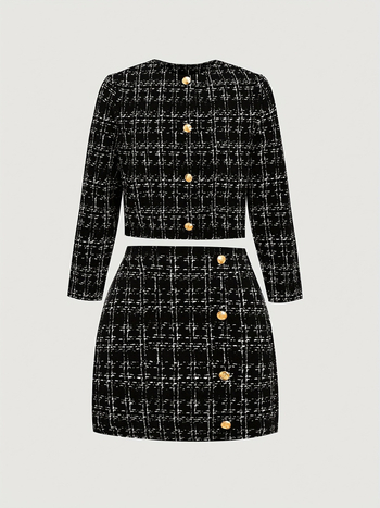 Tüdrukute kaheosaline kostüüm: cardigan ja seelik, ruudumuster, polüester 90–95%,pikad varrukad, kevad 2025