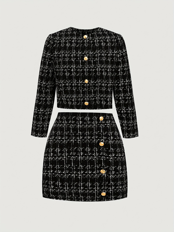 Tüdrukute kaheosaline kostüüm: cardigan ja seelik, ruudumuster, polüester 90–95%,pikad varrukad, kevad 2025