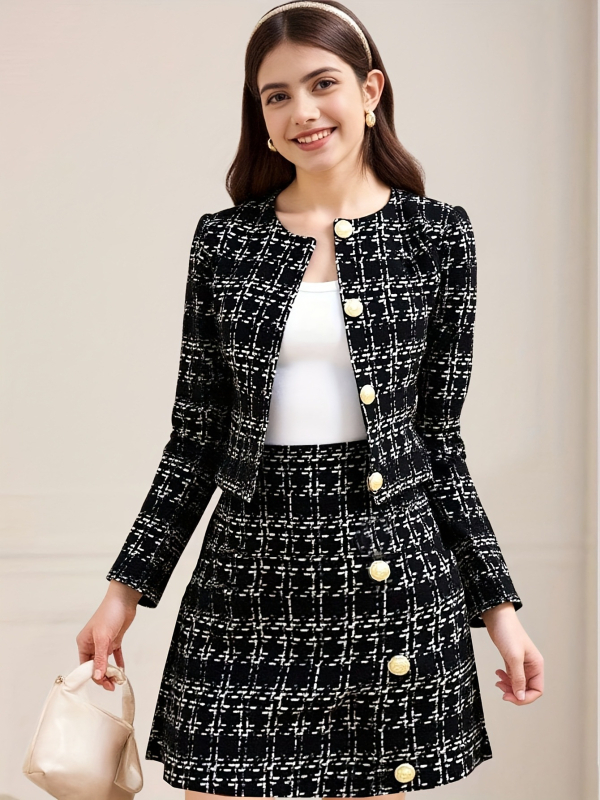 Tüdrukute kaheosaline kostüüm: cardigan ja seelik, ruudumuster, polüester 90–95%,pikad varrukad, kevad 2025