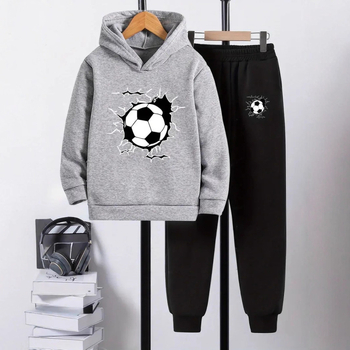 Комплект от 2 части за деца: худи с качулка и панталони със футболен принт, полиестер с поларена подплата, дълъг ръкав, есенен модел