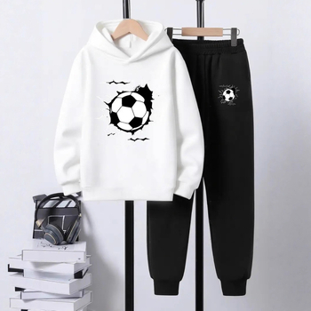 Комплект от 2 части за деца: худи с качулка и панталони със футболен принт, полиестер с поларена подплата, дълъг ръкав, есенен модел