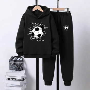 Комплект от 2 части за деца: худи с качулка и панталони със футболен принт, полиестер с поларена подплата, дълъг ръкав, есенен модел