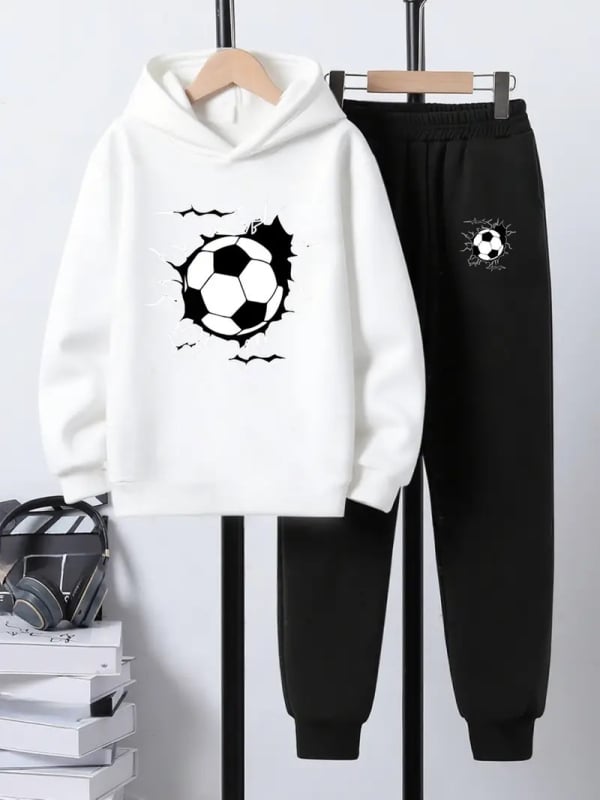 Комплект от 2 части за деца: худи с качулка и панталони със футболен принт, полиестер с поларена подплата, дълъг ръкав, есенен модел
